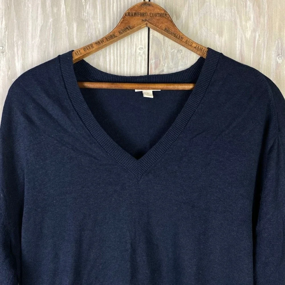J Crew V Neck Linen Blend Long Sleeve Sweater‎ Navy Blue Men's Sz M Basic Staple